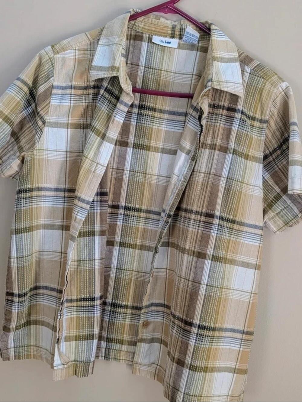 Mrs. Lee Women's Lightweight Plaid Button-Down Shirt, Size L, 100% Cotton, Beige